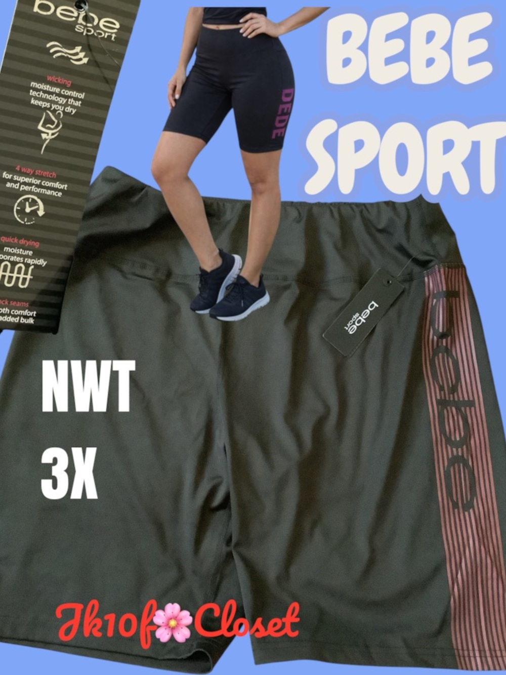 LOWEST PRICE🌺 BEBE SPORT 3X BLACK w/ SIDE LOGO WICKING ACTIVEWEAR BIKE SHORTS